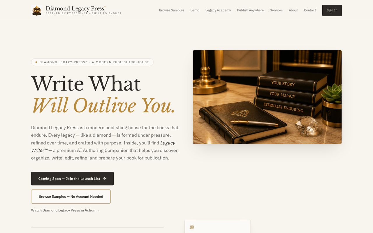 Homepage of the Diamond Legacy Press™ website