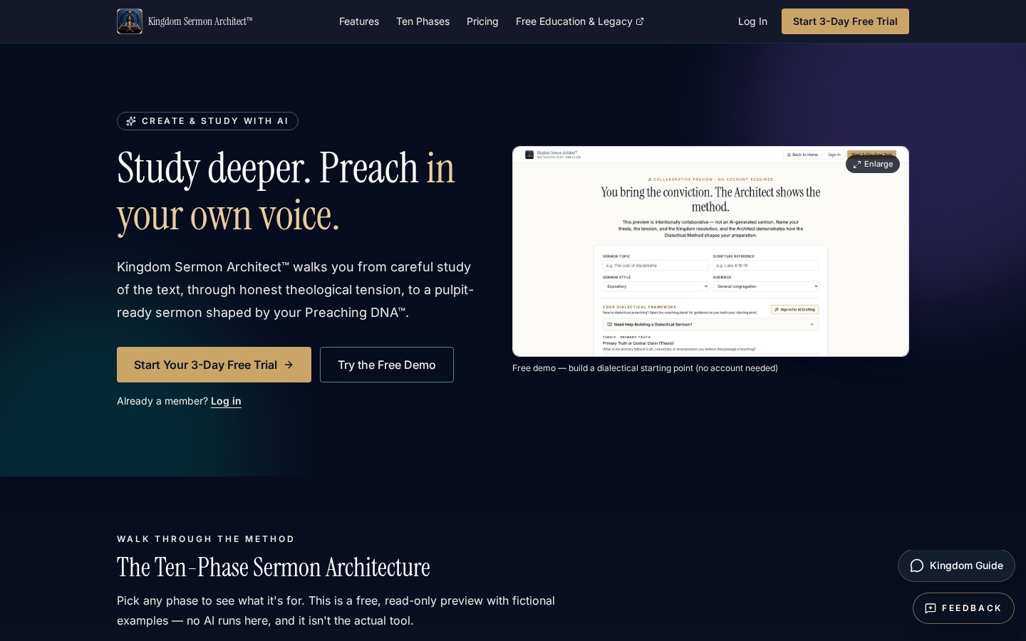Homepage of the Kingdom Sermon Architect — AI Platform website