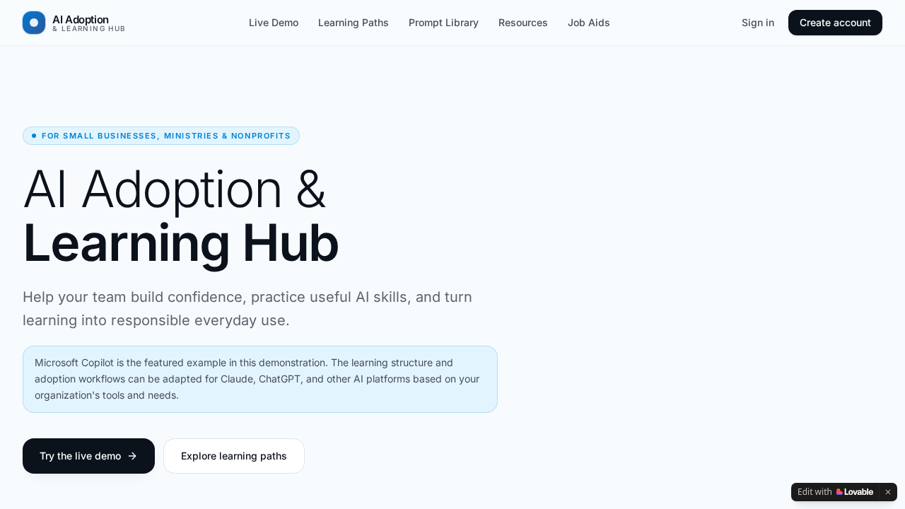 Homepage of the AI Adoption & Learning Hub website